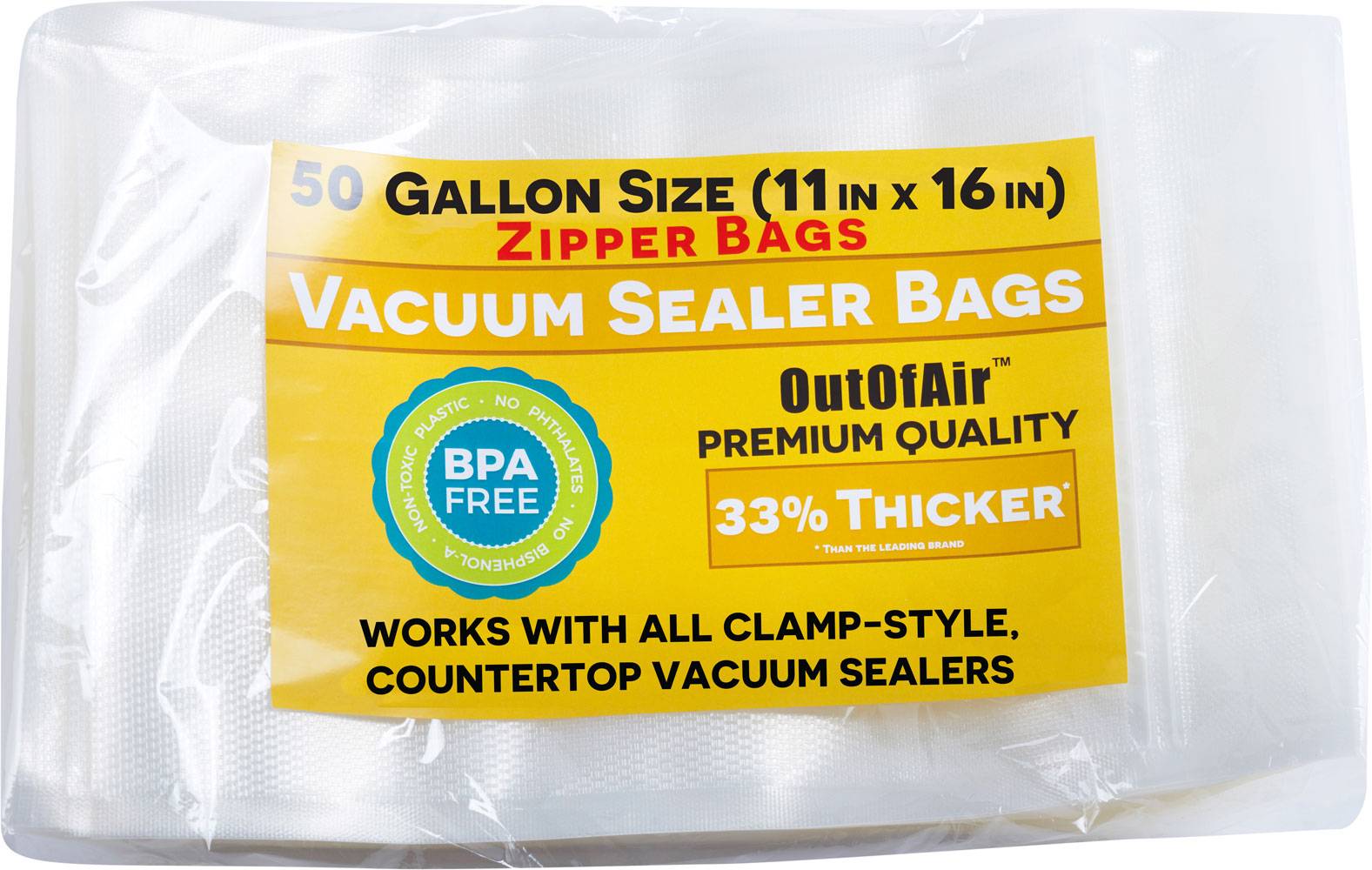 50 FoodVacBags Gallon-Sized 11 inch x 16 inch Zipper Black Back & Clear Front Reusable Vacuum Sealer Bag