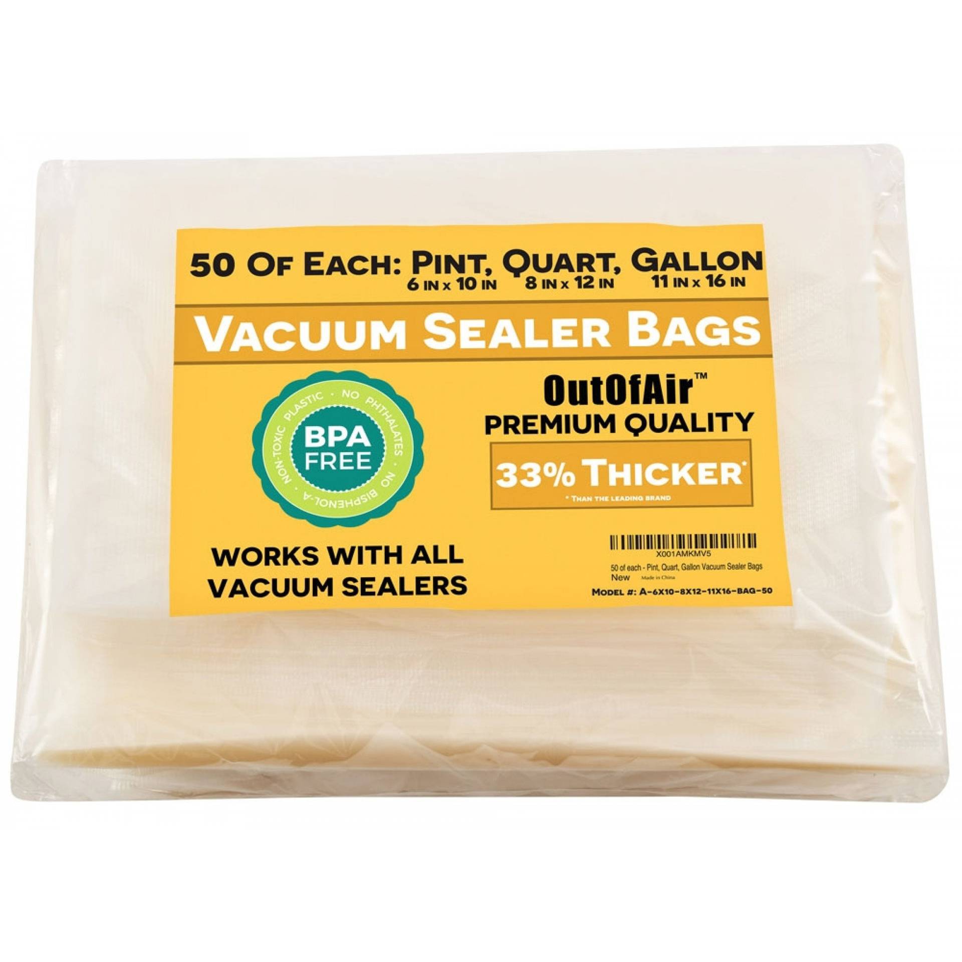 150 Vacuum Sealer Bags: 50 Pint (6 inch x 10 inch), 50 Quart (8 inch x 12 inch), 50 Gallon (11 inch x 16 inch) by OutOfAir - Works with Foodsaver 