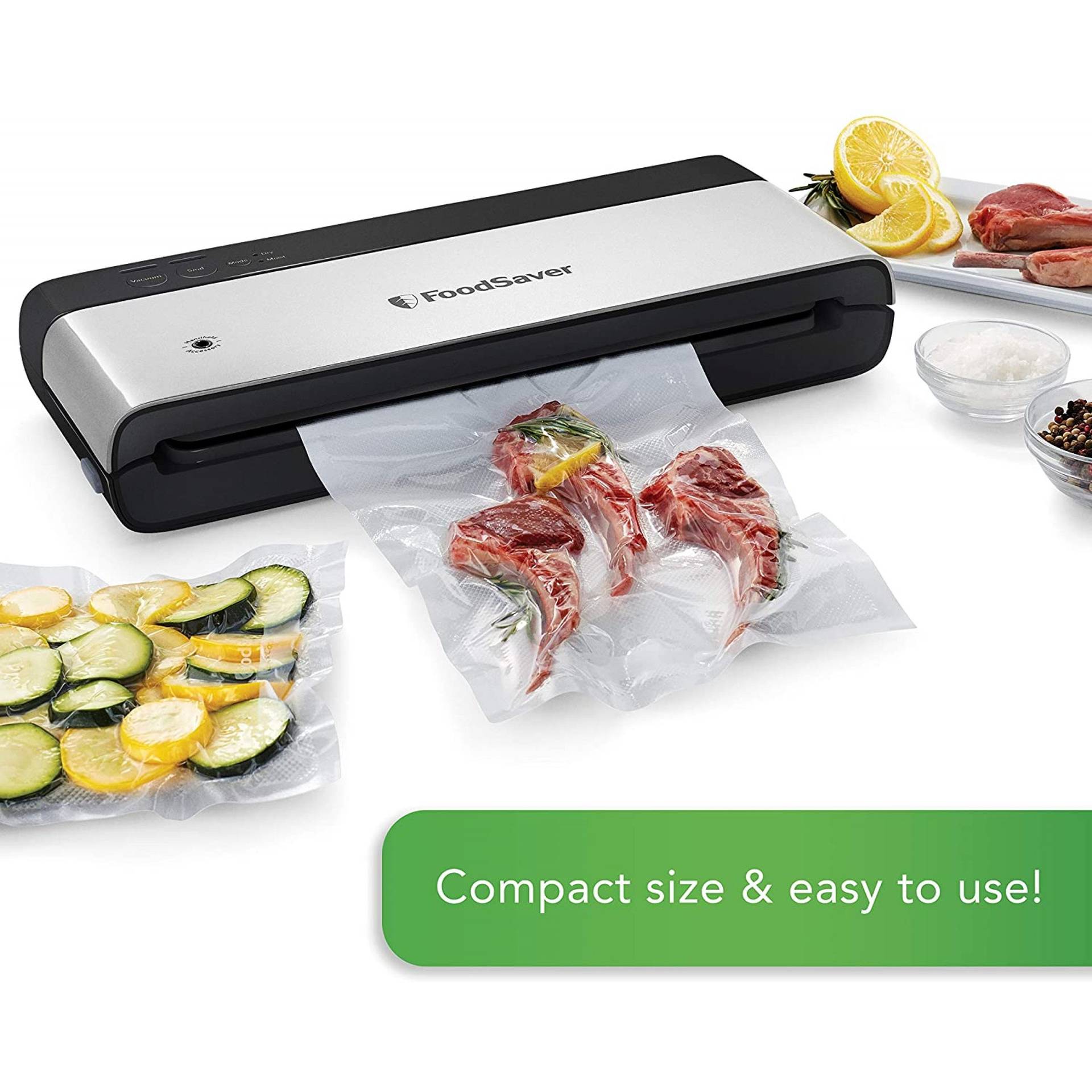 FoodSaver VS0150 PowerVac sealer seals meat in an airtight bpa-free food container leak-proof
