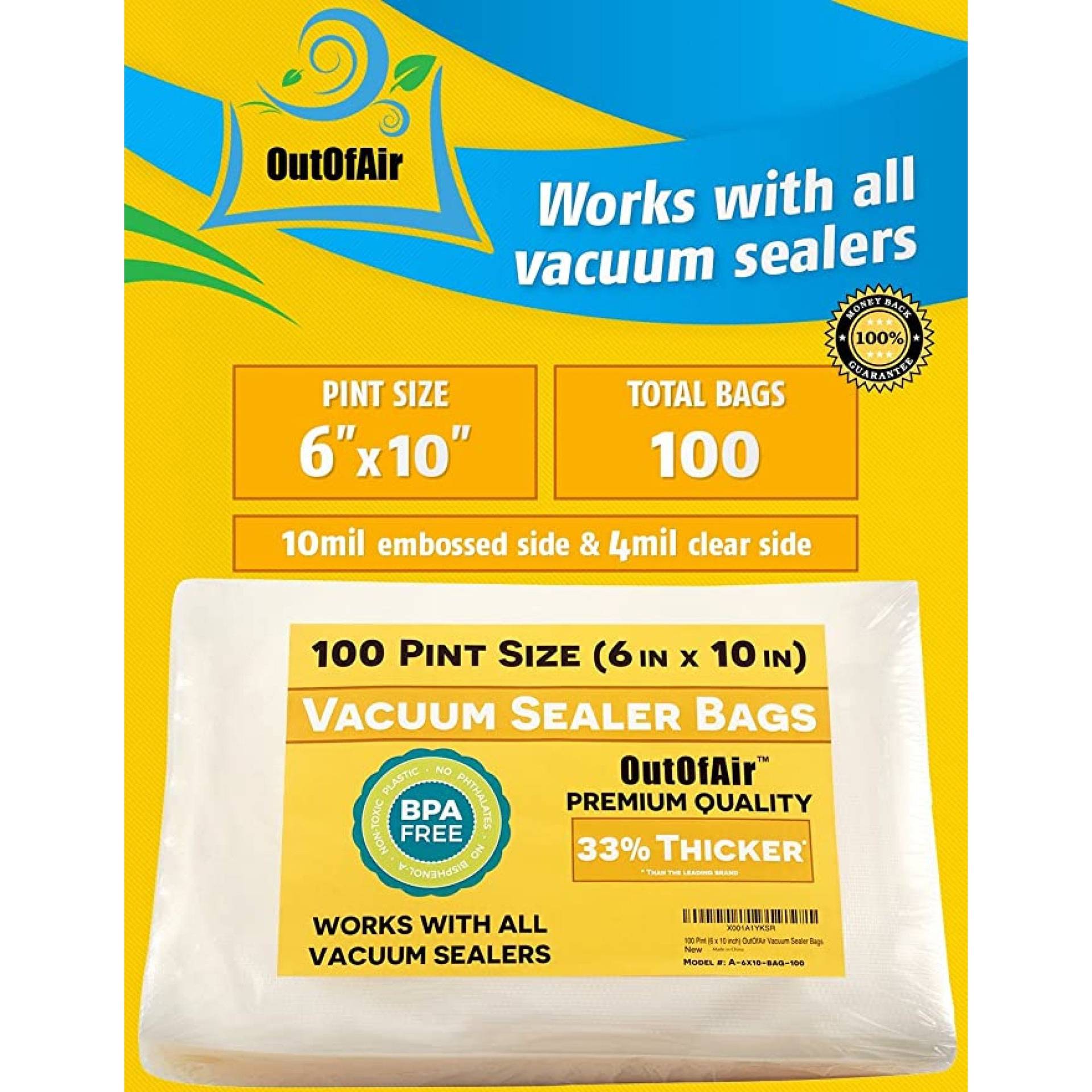 100 Vacuum Sealer Bags: Pint Size (6 x 10) for Foodsaver 33% Thicker, BPA Free