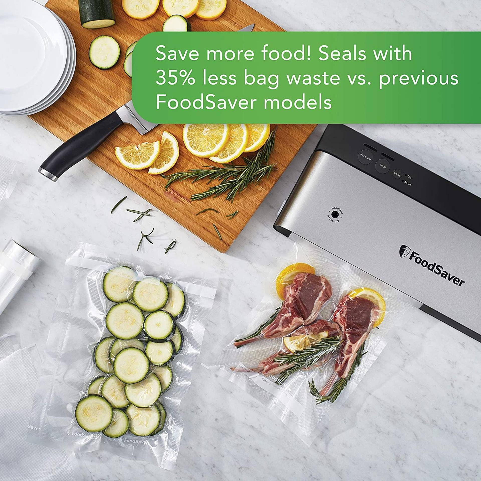 FoodSaver VS0150 powervac seals with 35 % less bag waste compared to previous FoodSaver models 