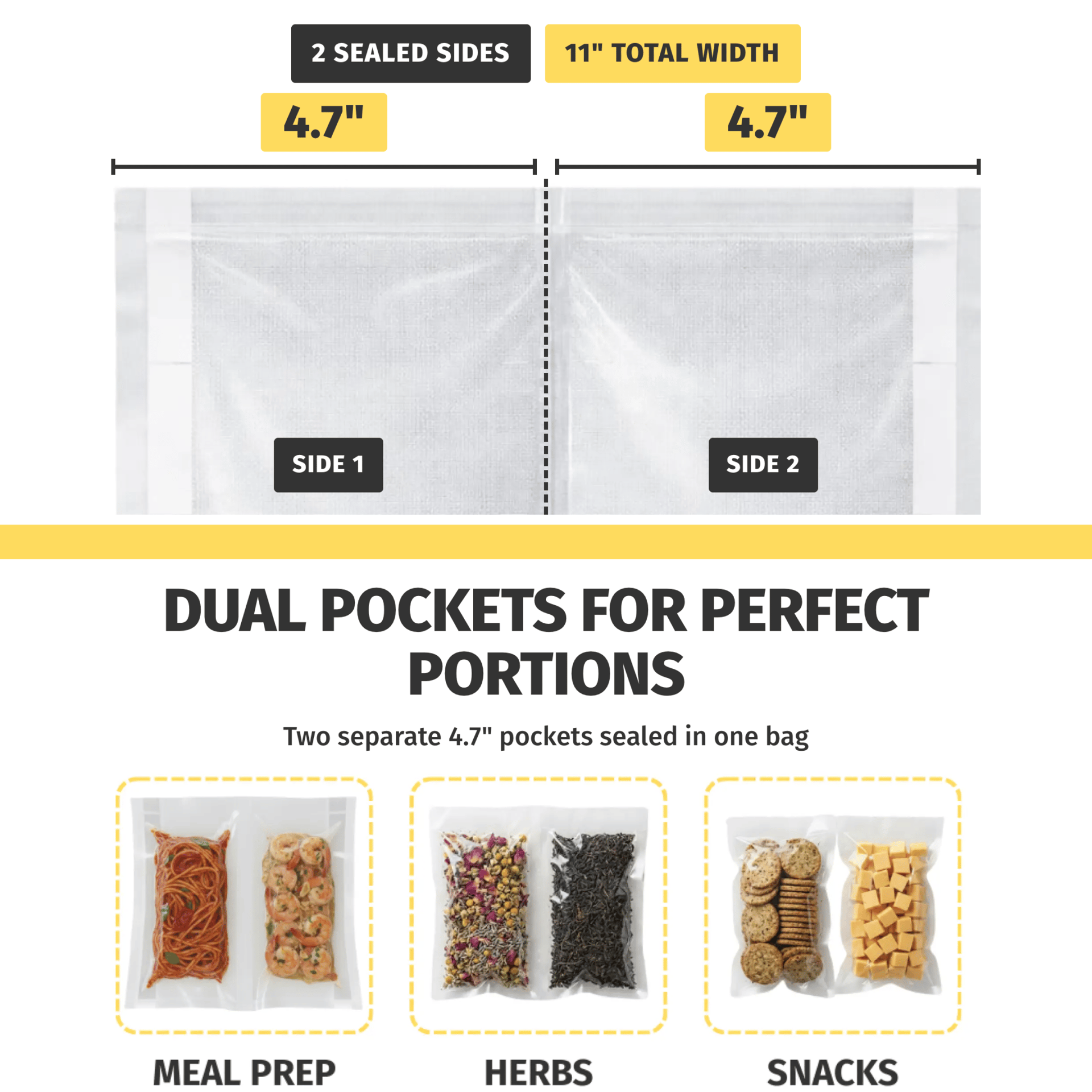 Perforated vacuum sealer roll with dual pockets, shown with 4.7-inch sections and food storage examples