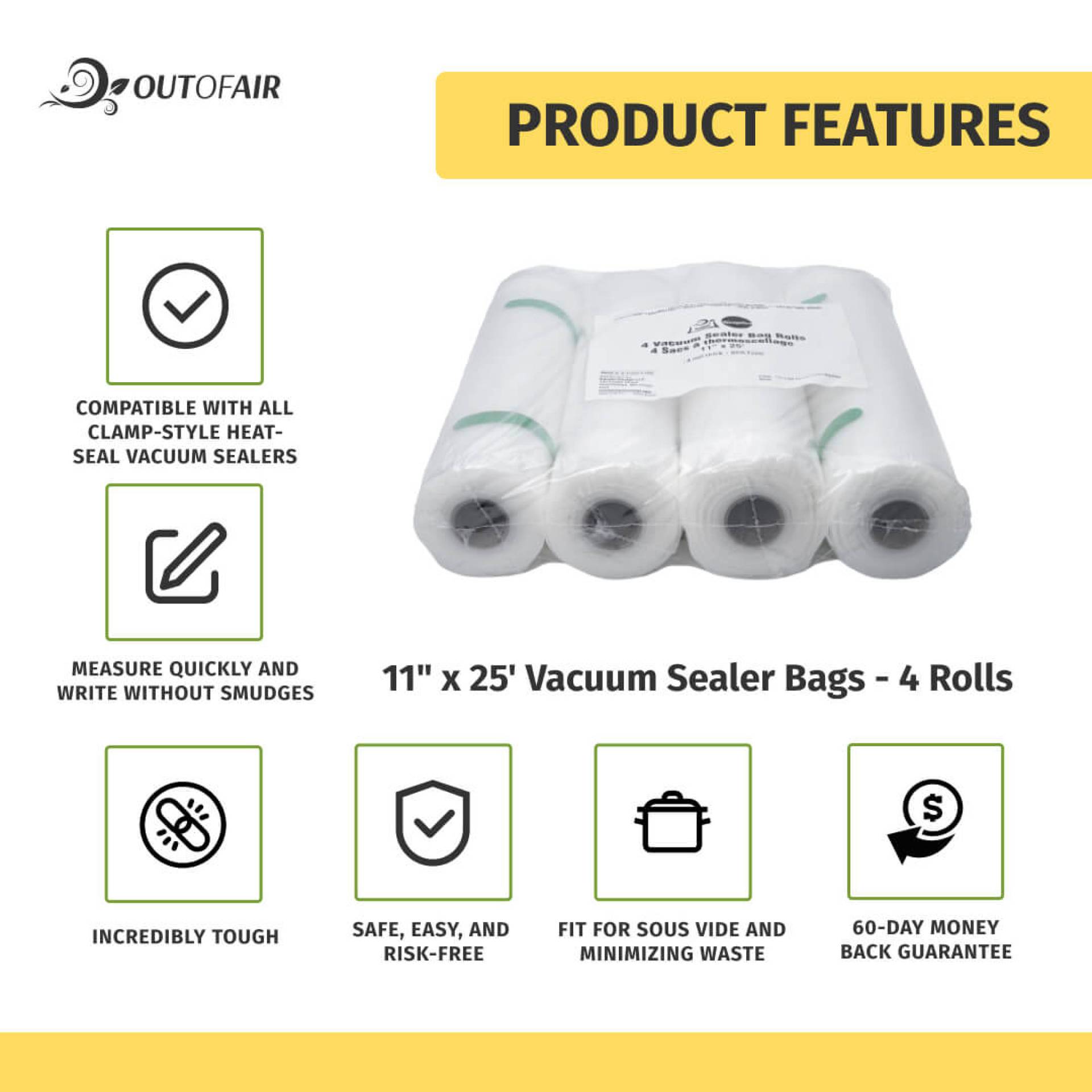 11"x25' Vacuum Sealer Bag Rolls 4 Rolls OutOfAir