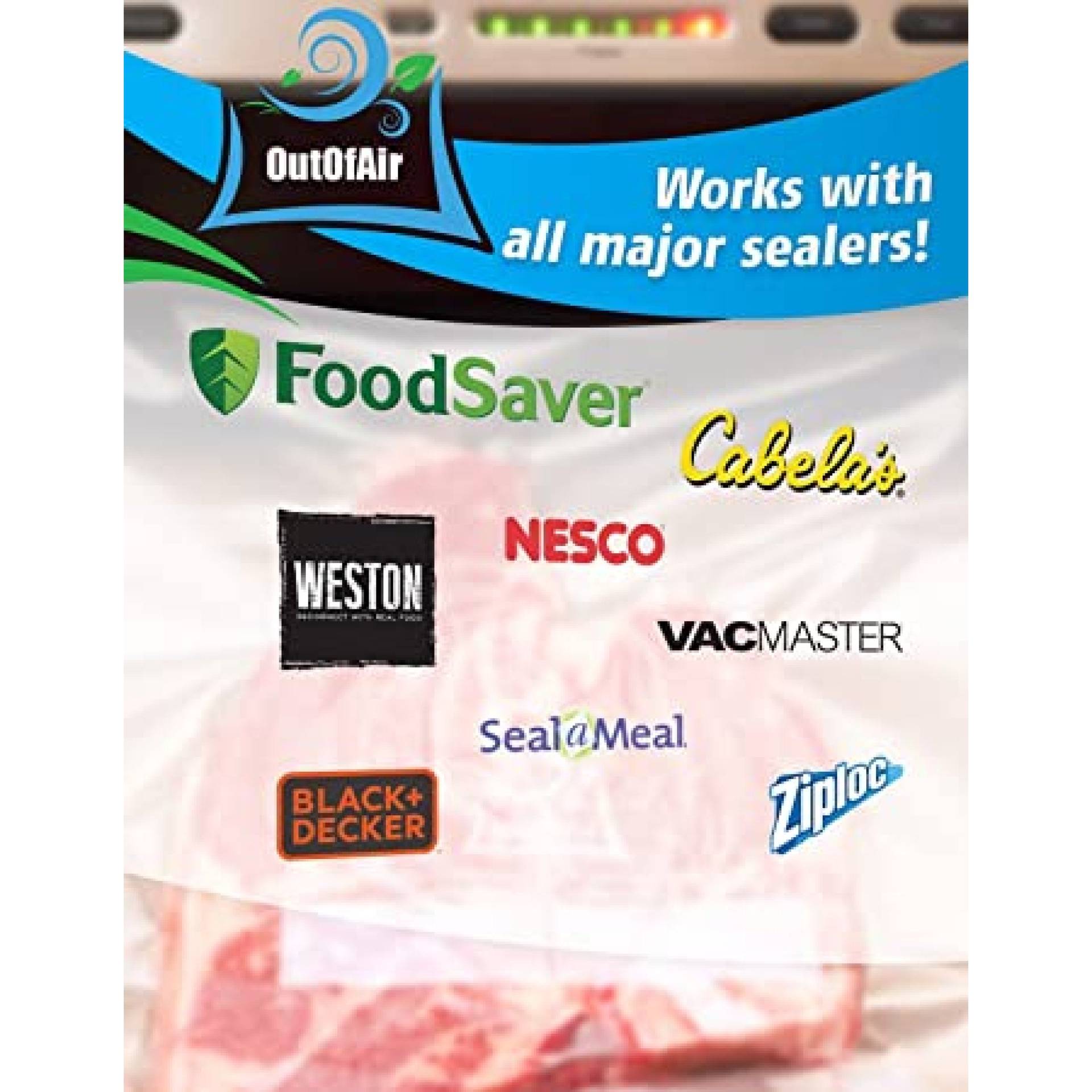 OutOfAir 8x100 vacuum sealer bag rolls are compatible with FoodSaver, Tilia, VacMaster, Weston, Cabelas, Rival, Seal-a-Meal, Ziploc, etc.