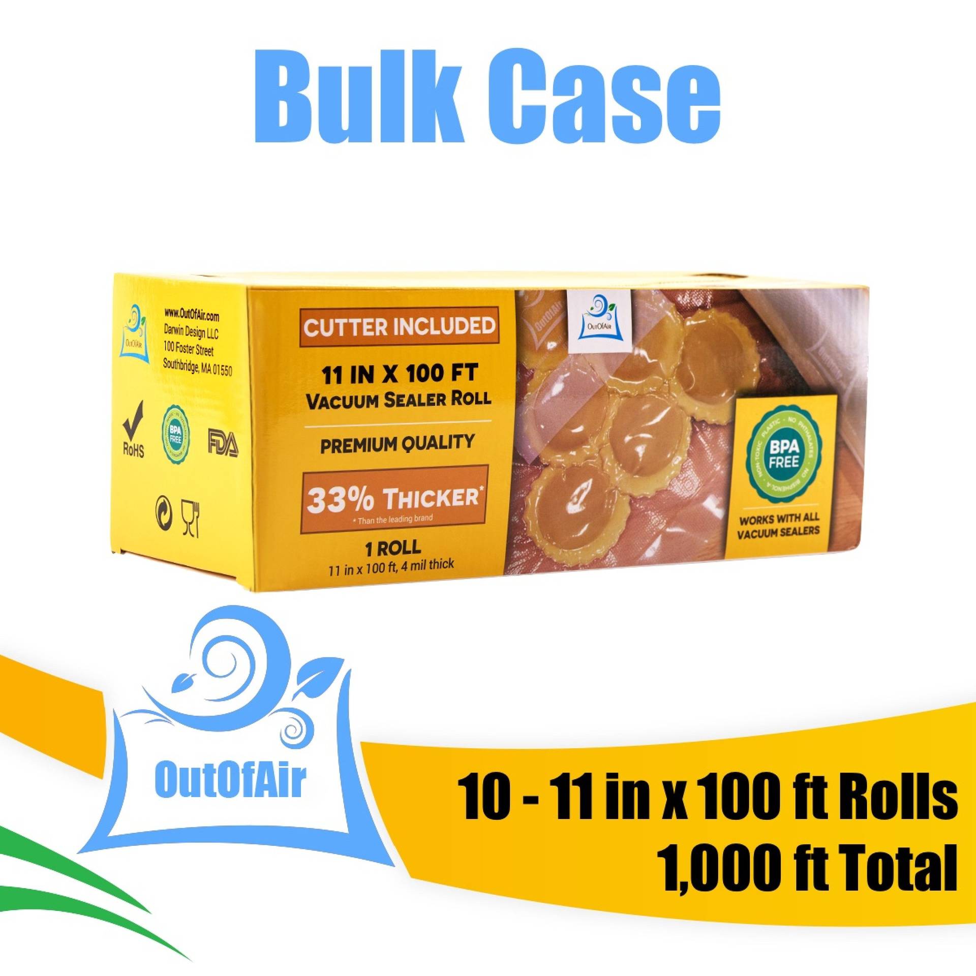 OutOfAir 11 x 100' Vacuum Sealer Bag Roll with Box and Built in Bag Cutter  - 10 Rolls Bulk Case