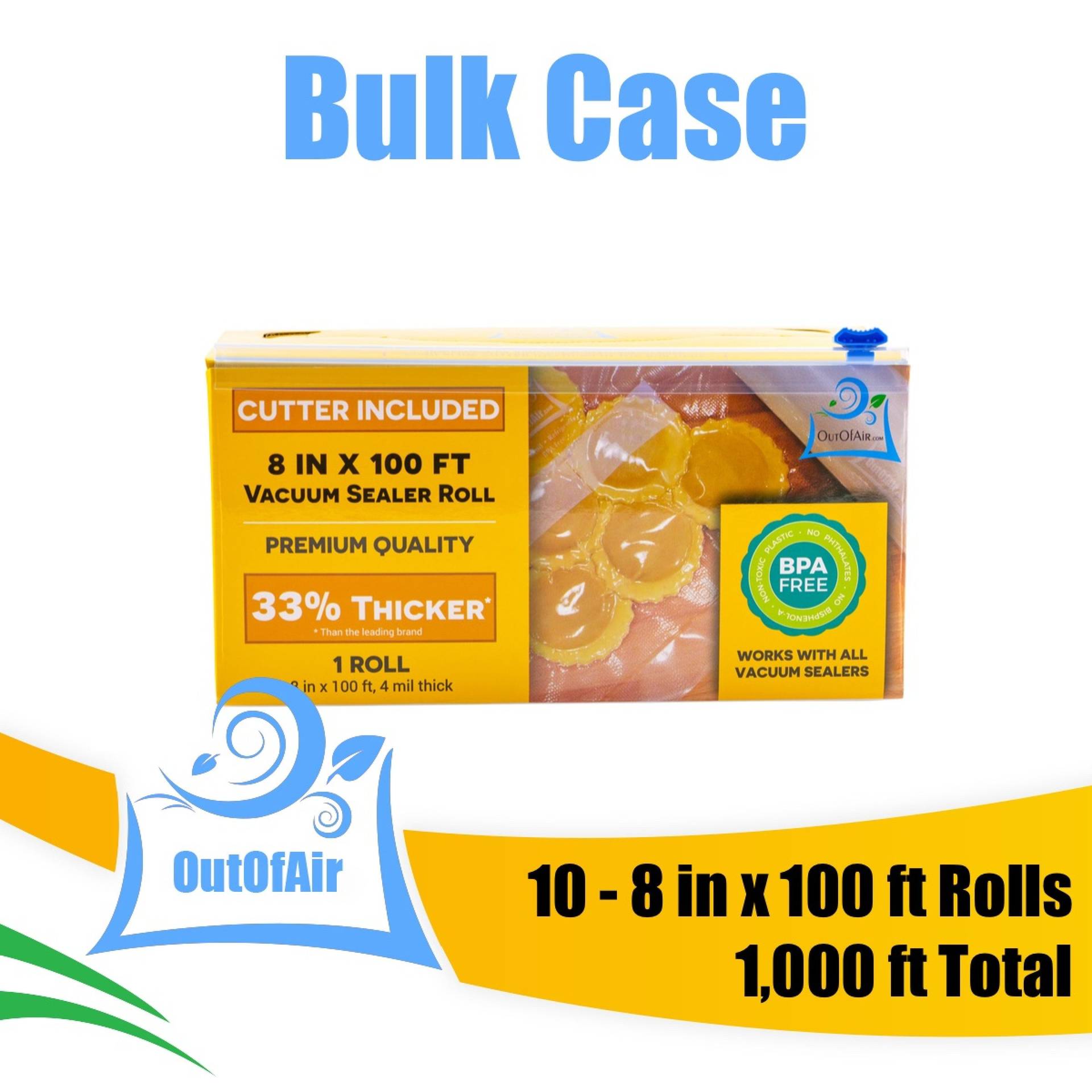 8x100' Roll Vacuum Sealer Bags with Box and Built in Bag Cutter - 10 Rolls  Bulk Case - OutOfAir