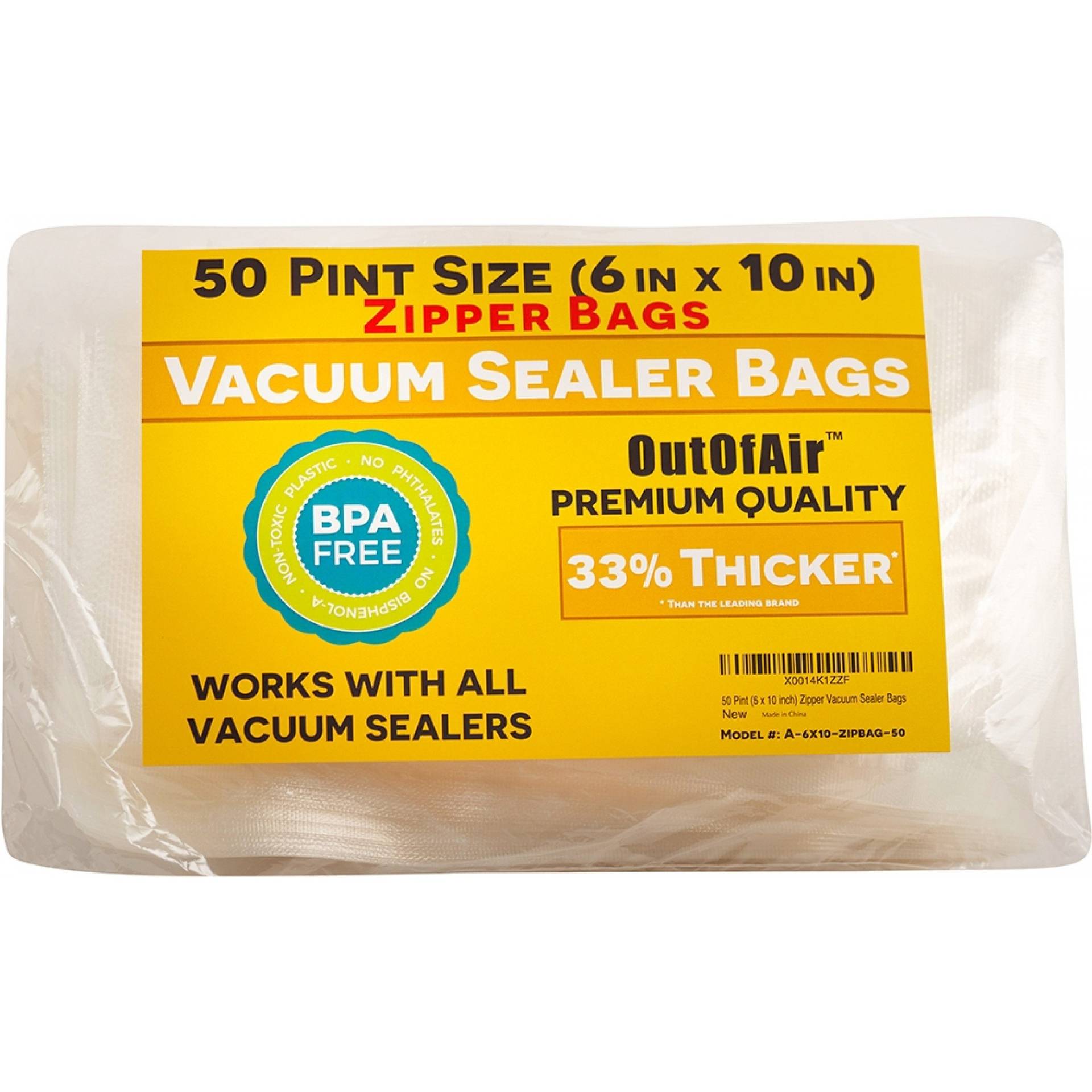 50 Zipper Vacuum Sealer Bags: Pint Size (6 inch x 10 inch) - OutOfAir Vacuum Sealer Zip Bags for FoodSaver, Weston, Other Savers. 33% Thicker BPA Free