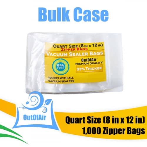 OutOfAir 8" x 12" (Quart size) - 4 Mil Zipper - Commercial Grade Vacuum Sealer Bags - 1000 Bags Bulk Case