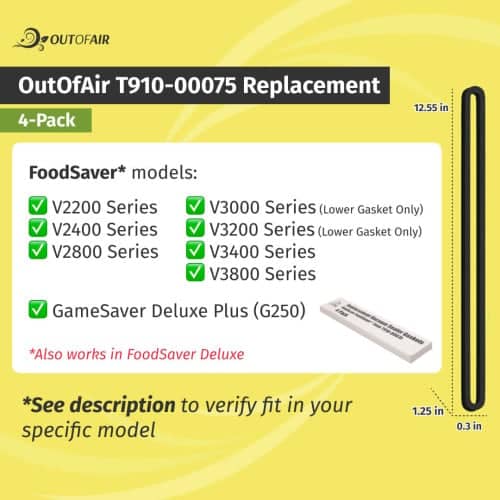 OutOfAir Replacement FoodSaver Vacuum Sealer Gasket Replaces Item T910-00075 - 4 Pack