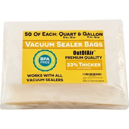 50 Gallon Size Zipper Vacuum Sealer Bags (11 inch x 16 inch) OutOfAir Vacuum Seal Zip Bags, Works with Foodsaver & Other Savers, 33% Thicker BPA Free
