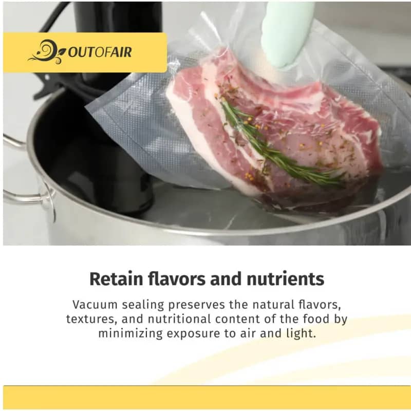 Hands sealing a bag of meat with a vacuum sealer, with text about retaining flavor and nutrients