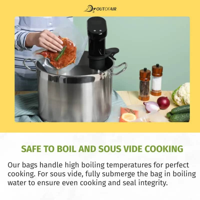 Vacuum seal bags with food being placed in a sous vide cooker, with jars and bottles beside it