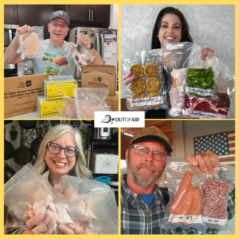 Collage of four people holding packaged food and vacuum-sealed bags