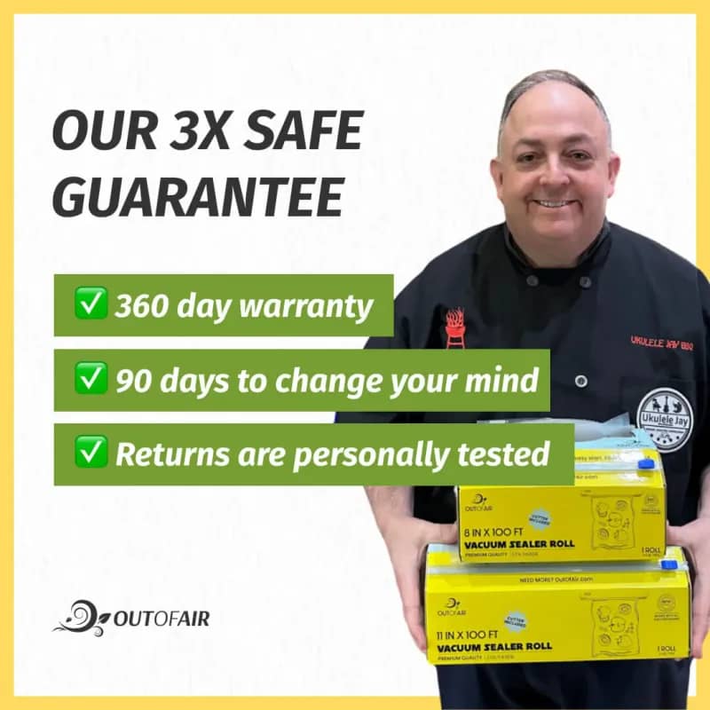 Man holding a yellow vacuum sealer bag roll box beside a 3x safe guarantee graphic