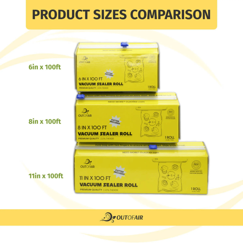 Product sizes comparison showing 6, 8, and 11 inch by 100 foot vacuum sealer rolls
