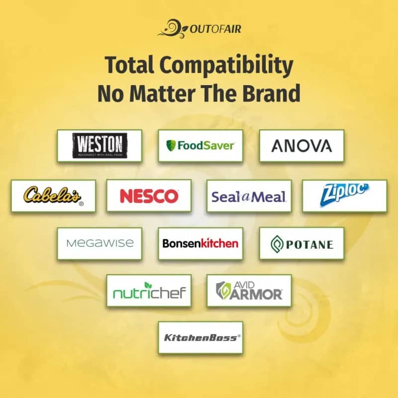 Graphic reading “Total Compatibility No Matter the Brand” with logos of several vacuum sealer brands