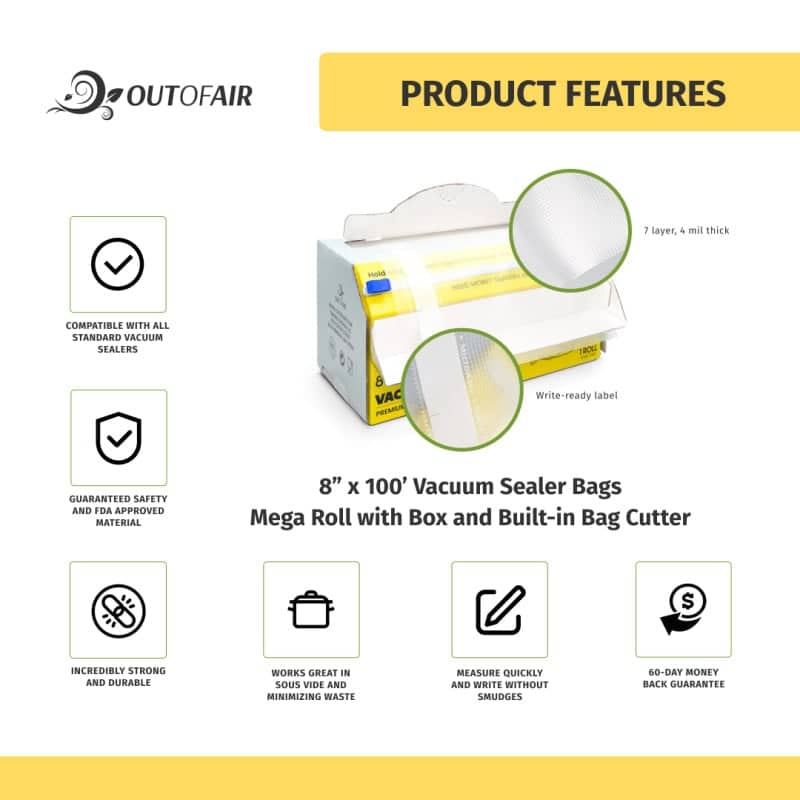 OutOfAir Vacuum Sealer Bags - 1 Mega Roll with Box and Built in Bag Cutter