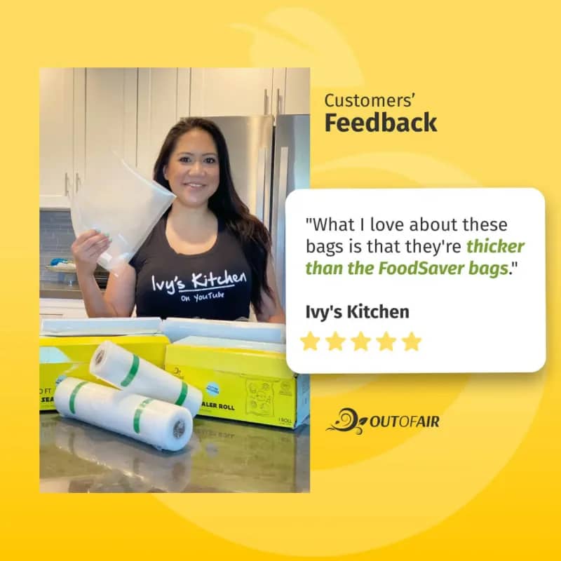 Customer feedback graphic with a woman holding a sign and a quote card beside vacuum sealer bags