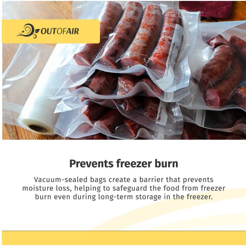 Vacuum-sealed bags of meat and vegetables with text saying it prevents freezer burn