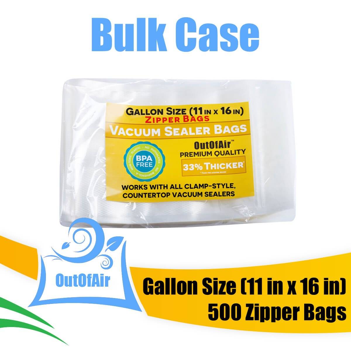 11x16 Gallon Vacuum Seal Bags - 500 Zipper Bag Bulk Case - OutOfAir