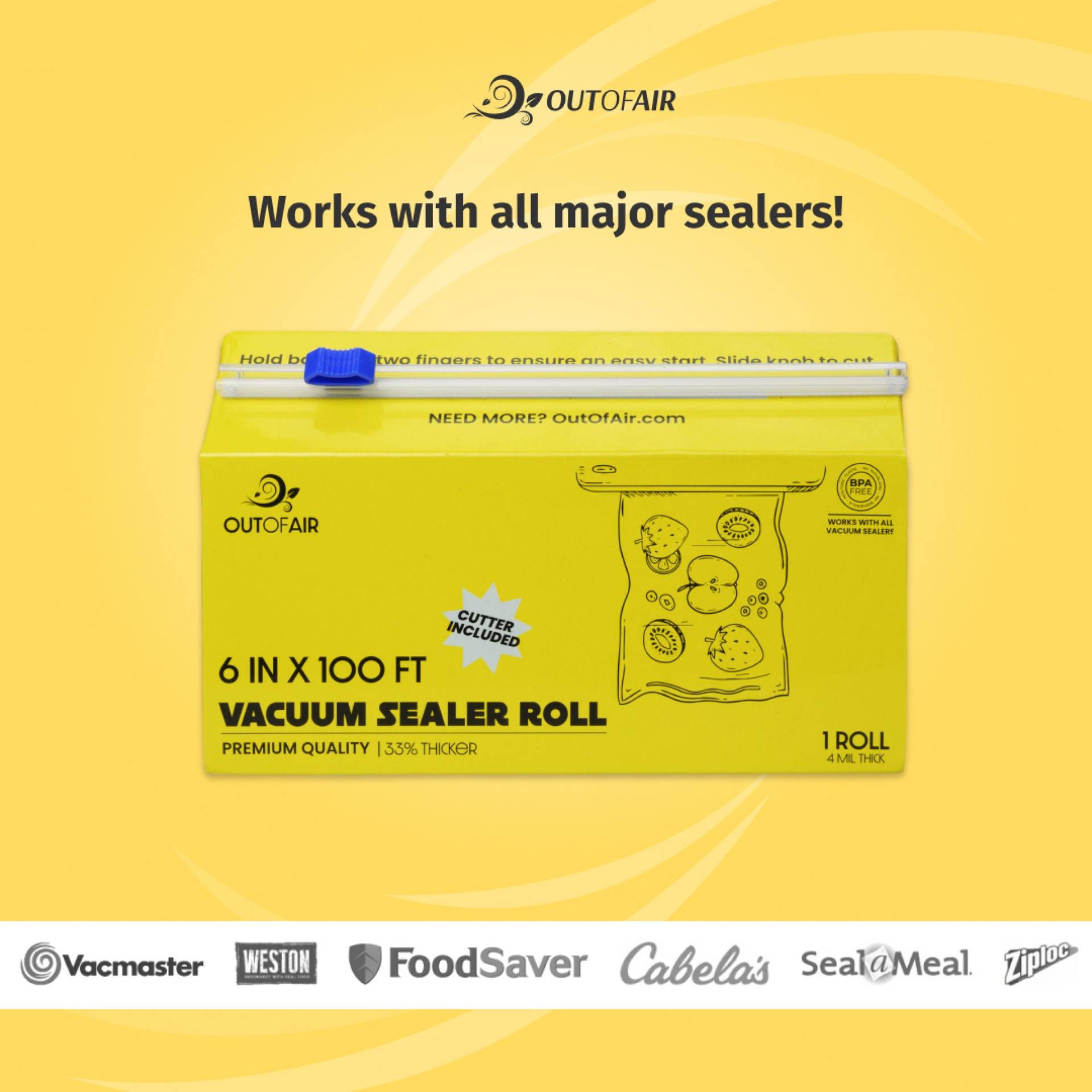 OutOfAir 6 x 100 Vacuum Sealer Bags 1 Mega Roll with Box and Built in Bag Cutter