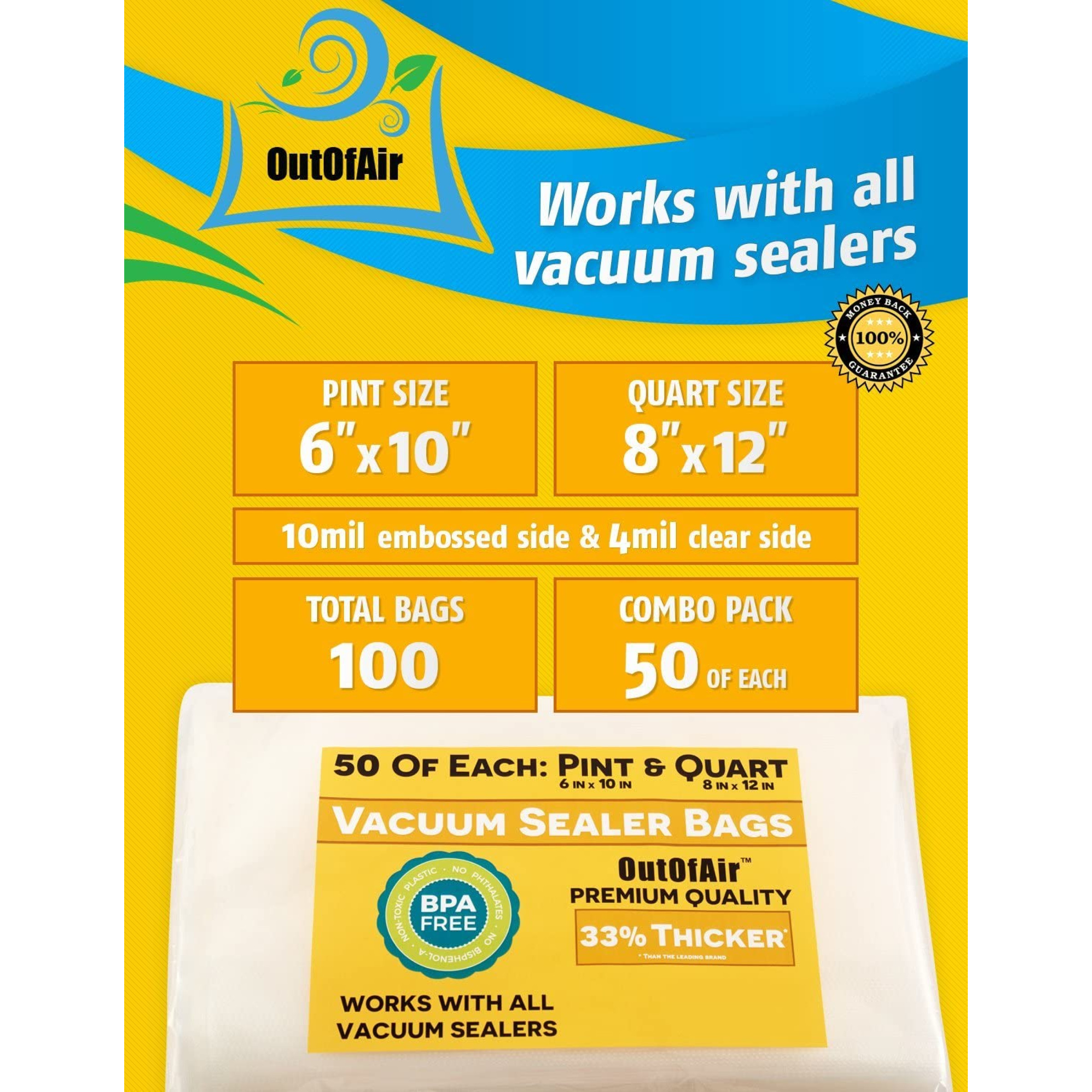 50 Pint (6"x10") & 50 Quart (8"x12") Pre Cut Vacuum Seal Bags 100 Bag