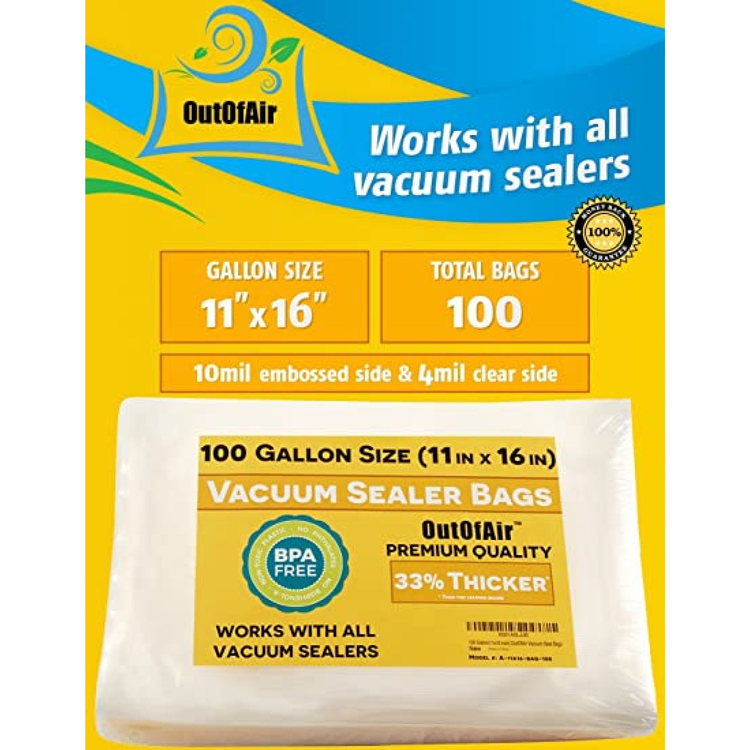 BPA Free FDA Approved 11 x 16 for Foodsaver 33% Thicker 100 Vacuum Sealer Bags: Gallon Size 