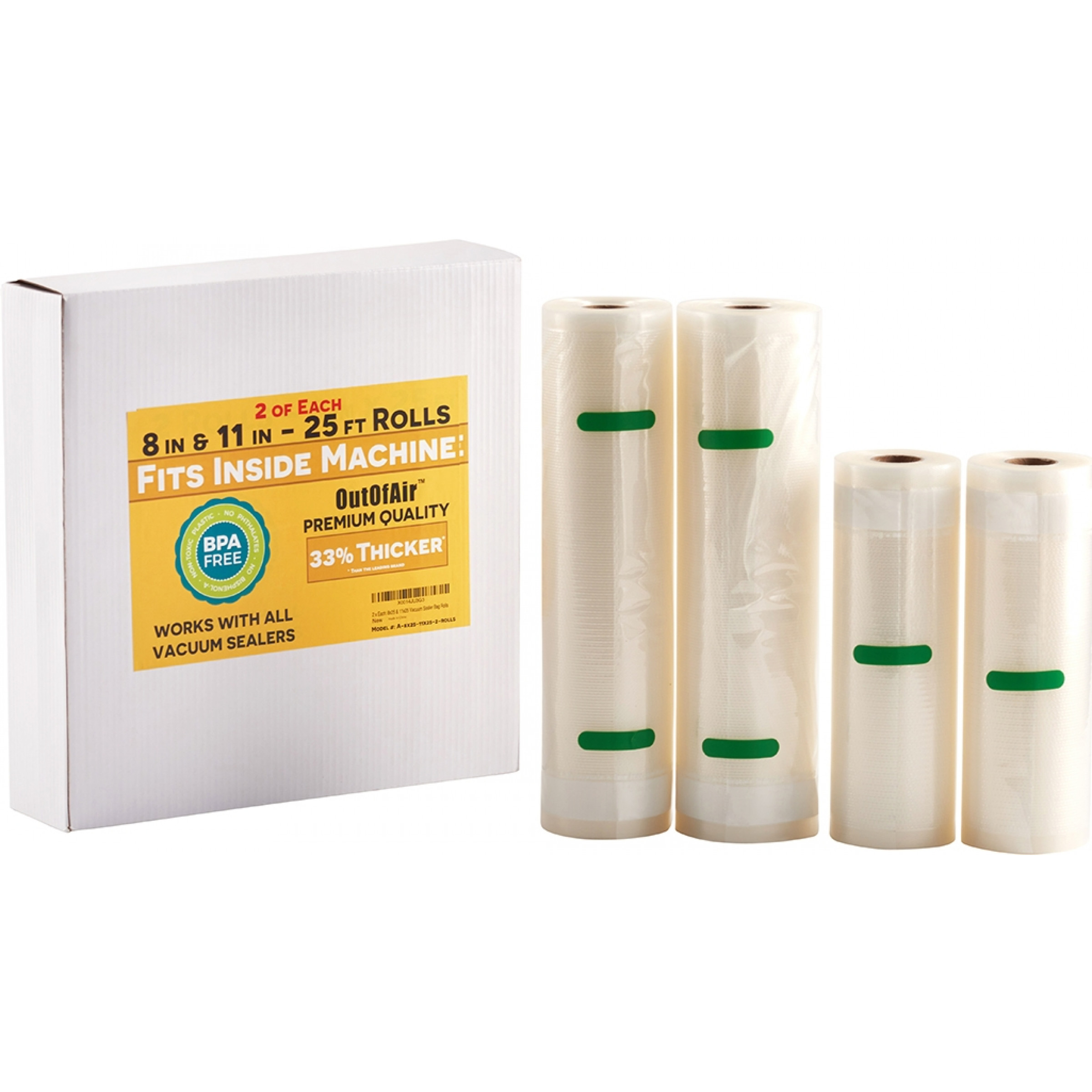 OutOfAir 8" x 25' and 11" x 25' Vacuum Sealer Bags 2 Rolls of Each