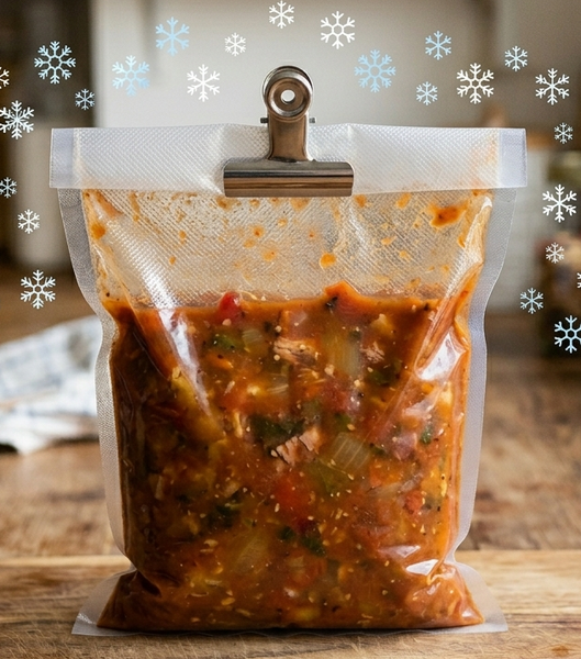 Bag of soup or chili in a freezer before vacuum sealing