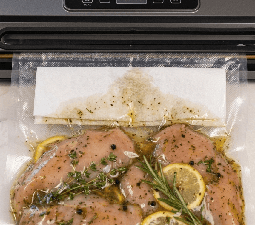 Folded paper towel laid across the mouth of a vacuum sealer bag above the food