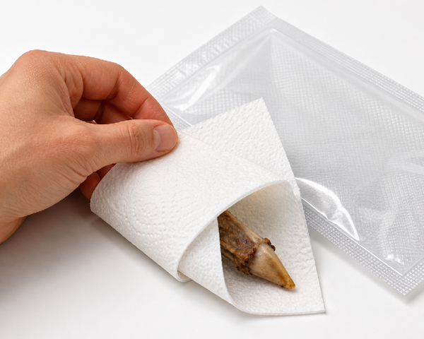 A bone wrapped in paper towel before vacuum sealing