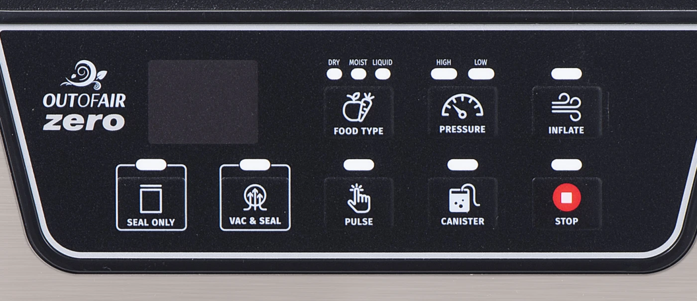 ZERO control panel: food type, pressure, inflate, seal only, vac and seal, pulse, canister and stop